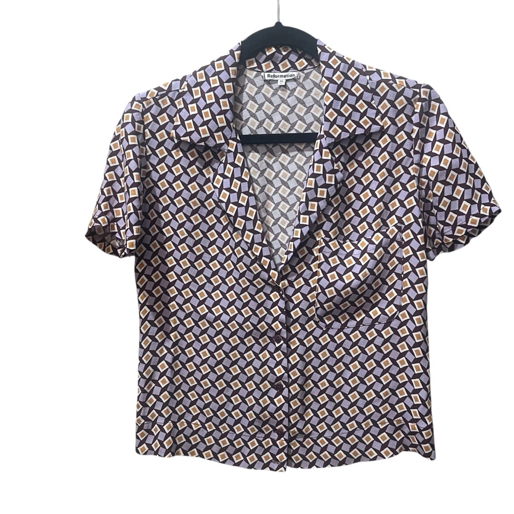 Reformation Cuba Top Purple Geomtric Pattern Short Sleeve Button Down XS